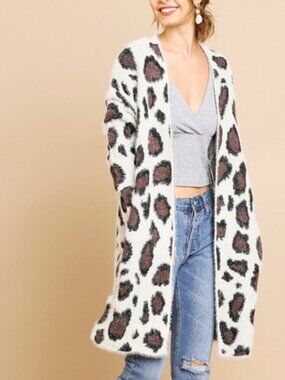 Umgee Long Cardigan Open Front Animal Print Fuzzy Whimsy  Boho Soft Bold M